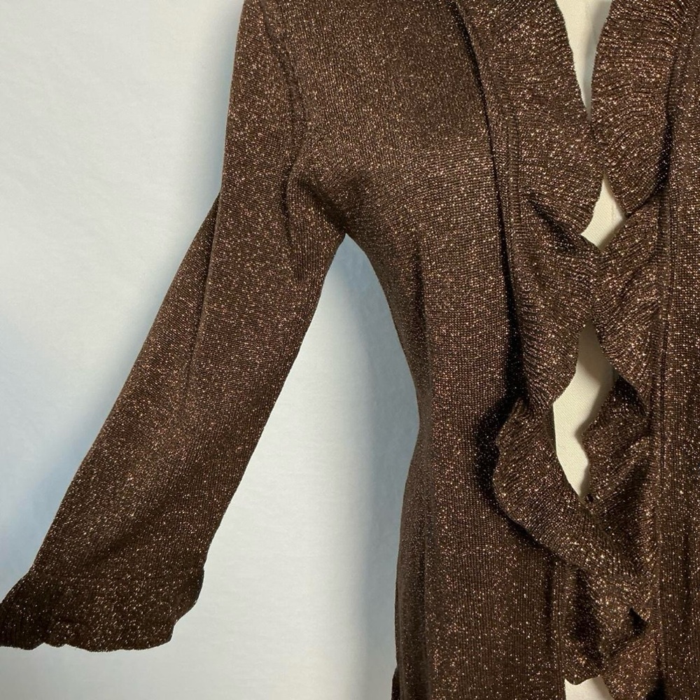 Dressbarn Brown Metallic Ruffle Cardigan Fairy Whimsy Y2K Size Large - Picture 4 of 7